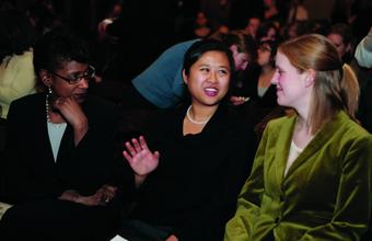 Dean Michele Moody-Adams speaks with former student leaders Sue Yang ’10 and Isabel Broer ’10 at a campus event last spring.
